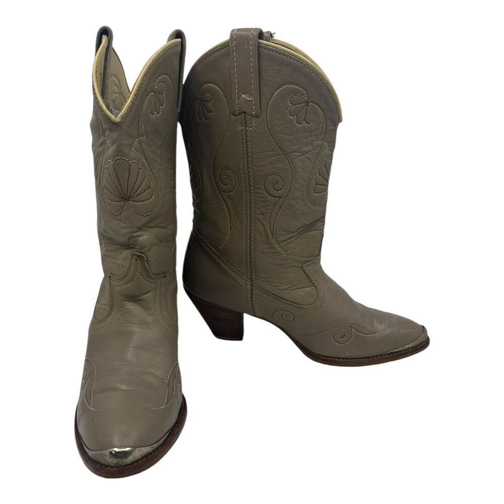 Acme Western Cowboy Boots Womens Size‎ 6.5 Taupe Good Leather Metal Toe Tips